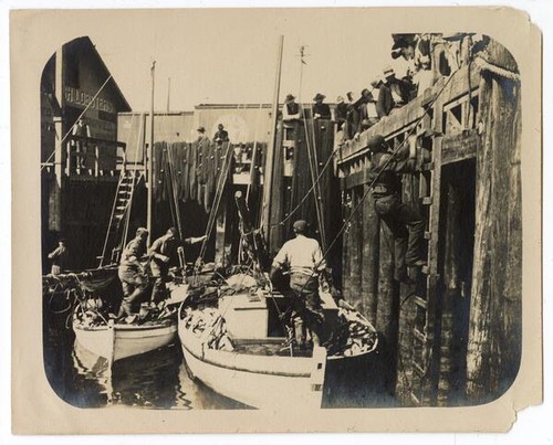 Fishermen on boats at a crowded harbor port