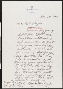Hamlin Garland, letter, 1934-11-20, to Will Rogers