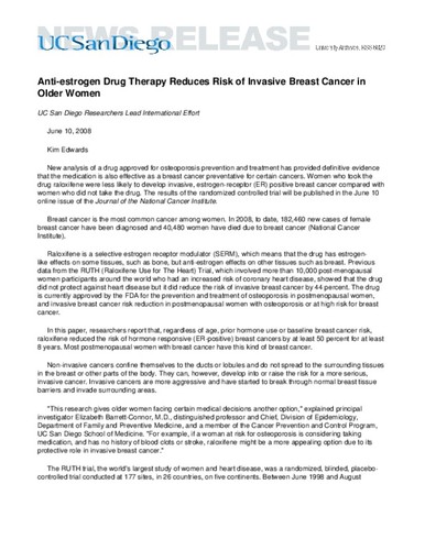 Anti-estrogen Drug Therapy Reduces Risk of Invasive Breast Cancer in Older Women--UC San Diego Researchers Lead International Effort