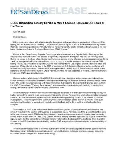 UCSD Biomedical Library Exhibit & May 1 Lecture Focus on CSI Tools of the Trade