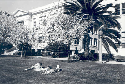 Students on lawn by Reeves Hall, Chapman College, Orange, California