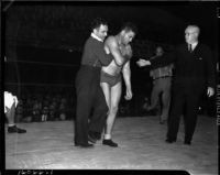 Wrestler Dean Detton during his match against Bronko Nagurski at Olympic Auditorium, Los Angeles, November 17, 1937