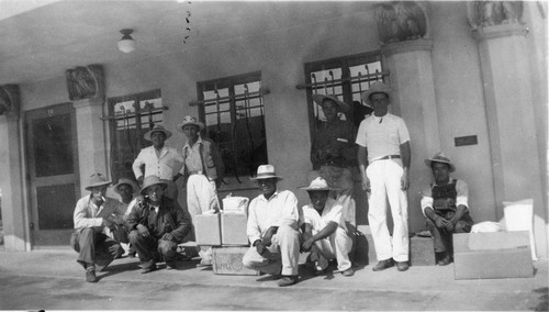 Group of Mexican National workers in front of the San Gorgonio Savings and Loan building in Banning, California