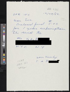 T. B., letters (1962/1963)