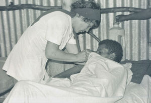 Ethiopia, the Bale Province. Nurse Lisbeth Andreasen with a patient, Melka Oda. Autumn 1979. (U