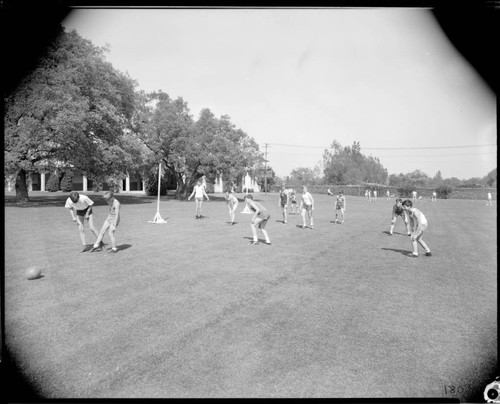 Boys playing soccer, Polytechnic Elementary School, 1030 East California, Pasadena. April 11, 1941