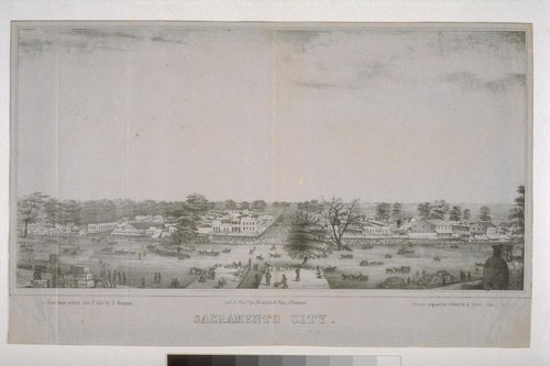 Sacramento City [on line above S.C.] First frame house erected Jan. 1st 1849 by S. Brannan. Present population estimated at 20,000, June 1st, 1852