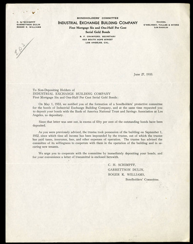 Industrial Exchange Building Company's Letter to their Stockholders, 27 June, 1933