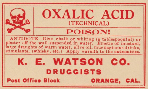 Acid bottle label from K.E. Watson Co., Druggists, Orange, ca. 1920