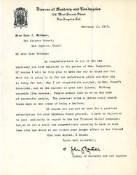 Fr. Bishop John Cantwell letter to Mary J. Workman, 1918 February 12