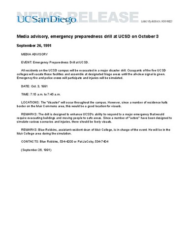 Media advisory, emergency preparedness drill at UCSD on October 3