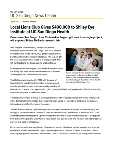 Local Lions Club Gives $400,000 to Shiley Eye Institute at UC San Diego Health