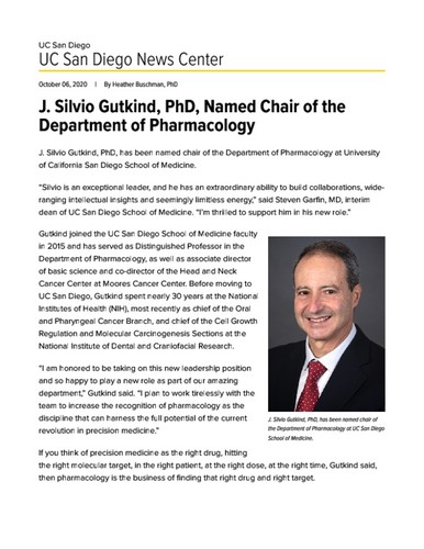 J. Silvio Gutkind, PhD, Named Chair of the Department of Pharmacology