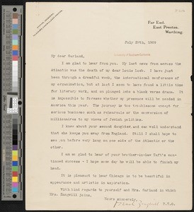 Israel Zangwill, letter, 1909-07-29, to Hamlin Garland