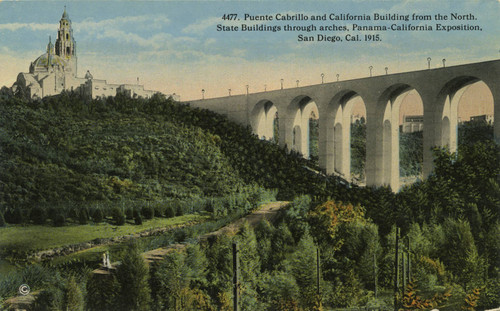 Puente Cabrillo and California Building from the North. State Buildings through arches