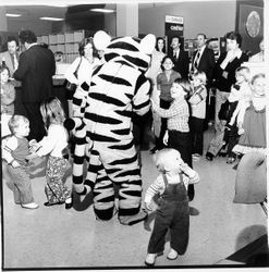 Tigger greeting children at Sears opening celebration, Santa Rosa, California, 1980