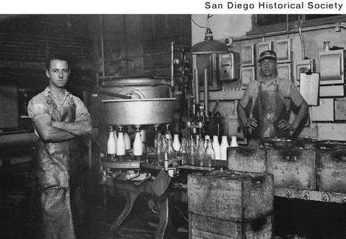 Two men standing near a milk bottle filling machine at the Allen Dairy in Mission Valley