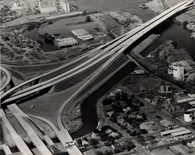 Stockton - Views - 1960 - 1980: Aerial, Interstate 5 freeway bridge across channel, looking west