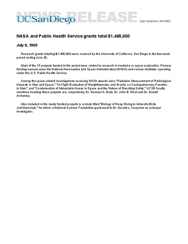 NASA and Public Health Service grants total $1,465,000