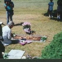 Tule Lake Linkville Cemetery Project 1989: Close-Up of Memorial Gravestone and Woman