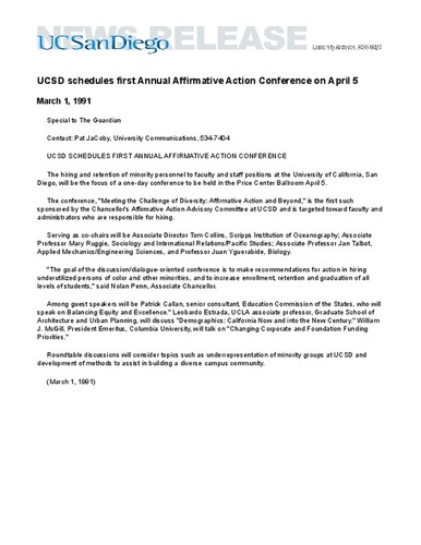 UCSD schedules first Annual Affirmative Action Conference on April 5