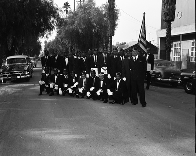 Group photograph of masons in front of Orange Valley Lodge #13 F. & A.M. 2931 12th St., Riverside, California