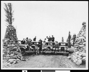 People posing with their automobiles at Tioga Pass Summit, Yosemite National Park, ca.1925