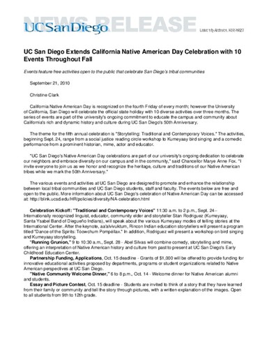 UC San Diego Extends California Native American Day Celebration with 10 Events Throughout Fall--Events feature free activities open to the public that celebrate San Diego’s tribal communities