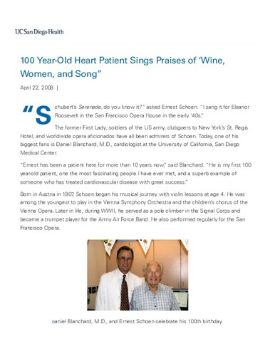 100 Year-Old UCSD Heart Patient Sings Praises of ‘Wine, Women, and Song”