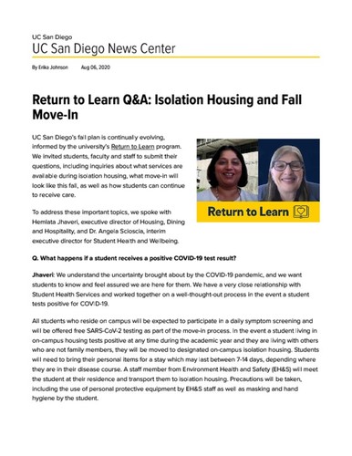 Return to Learn Q&A: Isolation Housing and Fall Move-In