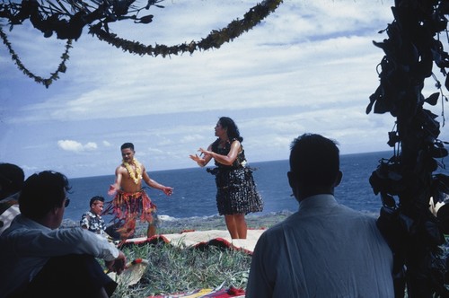 Natives dancing during the luau for the scientist of the Capricorn Expedition (1952-1953) on the island of Tongatabu in the Kingdom of Tonga, an archipelago in the South Pacific Ocean. December 26, 1952