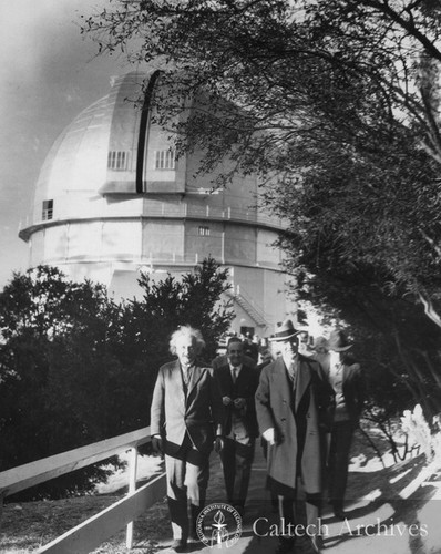 Einstein and William Campbell in front of 100” telescope at Mt. Wilson