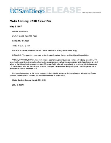 Media Advisory, UCSD Career Fair