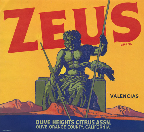 Crate label for "Zeus Brand" Valencias, Olive Heights Citrus Association, Olive, California, 1930