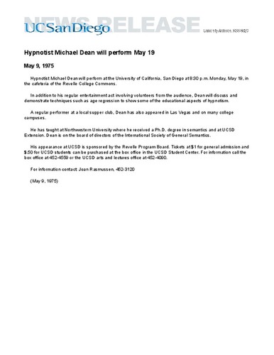 Hypnotist Michael Dean will perform May 19