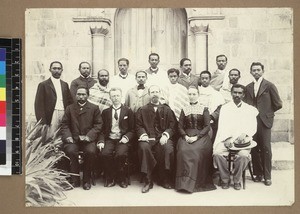 Group portrait of misionaries and teachers of Boys' High School, Antananarivo, Madagascar, ca. 1900