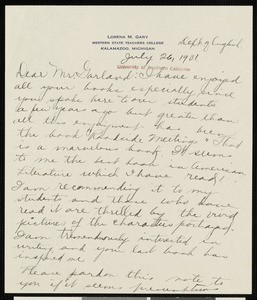 Lorena M. Gary, letter, 1931-07-26, to Hamlin Garland