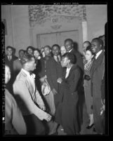 Negro Nite Life on Central Avenue..Series, African American couple dancing with onlookers in Los Angeles, Calif., 1938