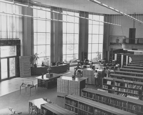 Interior of the Santa Ana Public Library at 26 Civic Center Plaza about 1960