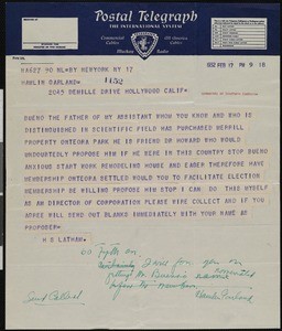 Harold Strong Latham, telegram, 1932-02-17, to Hamlin Garland