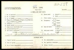 WPA Low income housing area survey data card 231, serial 32558, vacant