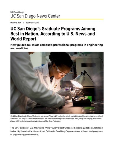 UC San Diego’s Graduate Programs Among Best in Nation, According to U.S. News and World Report