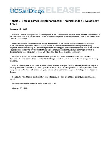 Robert N. Berube named Director of Special Programs in the Development Office