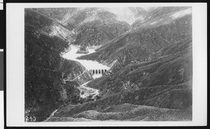 Aerial view of the Big Dalton Dam, ca.1920