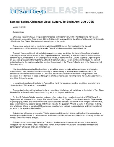 Seminar Series, Chicana/o Visual Culture, To Begin April 2 At UCSD