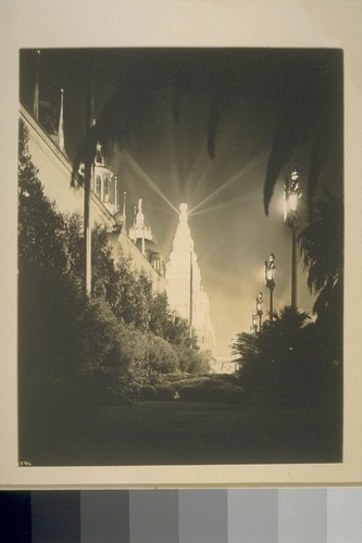 [H346? South Wall. Tower of Jewels (Thomas Hastings, architect), center, illuminated. From South Garden.]