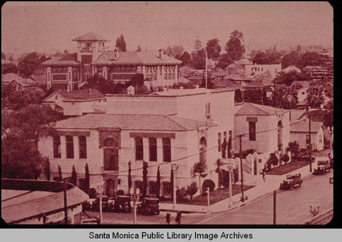 Santa Monica Public Library at Fifth Street and Santa Monica Blvd. and the Jefferson School on Sixth Street behind the Library