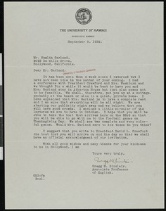 Gregg M. Sinclair, letter, 1932-09-09, to Hamlin Garland