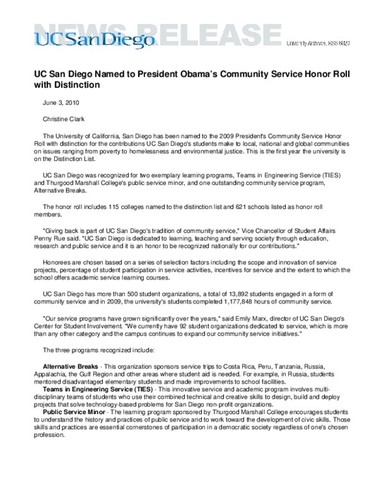 UC San Diego Named to President Obama’s Community Service Honor Roll with Distinction