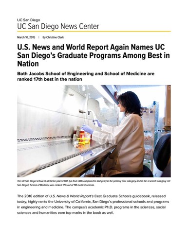 U.S. News and World Report Again Names UC San Diego’s Graduate Programs Among Best in Nation